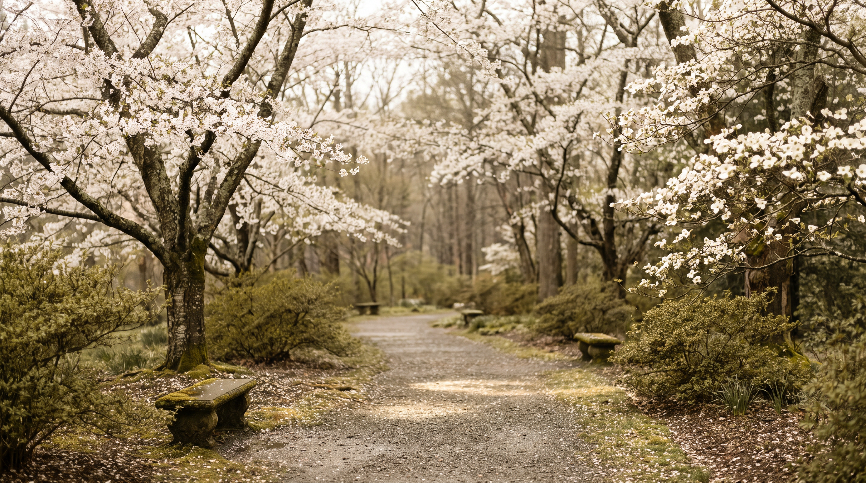 A quiet, tree-lined garden path in soft spring light